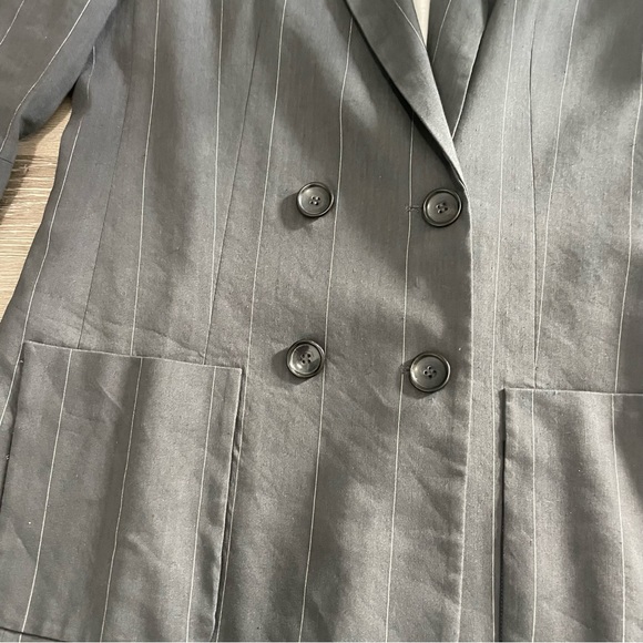 Tibi Gray Linen Blend Pinstripe Double Breasted Blazer Elbow Cutouts - Picture 2 of 10